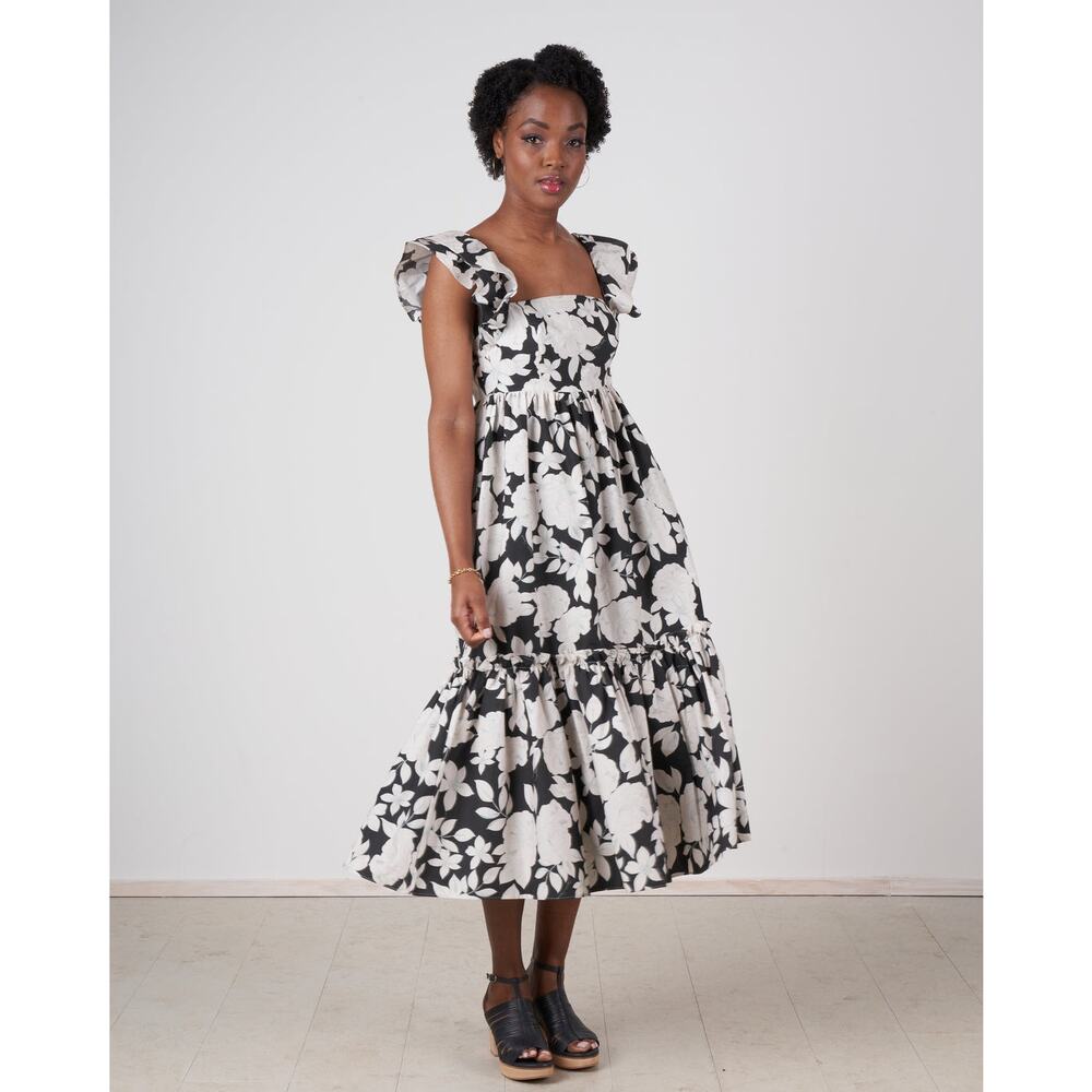 Cara Cara Darby Black White Floral Ruffle Sleeve Tiered Midi Dress Size XS